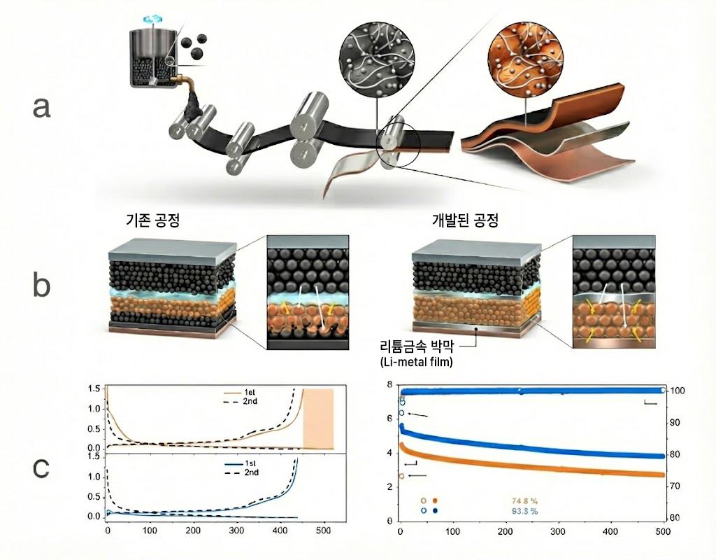 건식 후막 전극 맞춤형 초기 용량 감소 보정(선리튬화) 기술(상단) 건식 전극 공정에서 프라이머 없이 구리 집전체 위에 리튬 금속 박막과 활물질층을 적층해 후막 음극을 만드는 롤투롤 공정 개요 (중단) 만들어진 음극 전극의 전체 구조. 활물질층과 구리집전체 사이의 리튬 금속이 활물질층으로 빨려들어가 리튬 감소를 보충해준다. (하단) 하이니켈 양극과 개발된 후막 음극 전극을 결합한 배터리 성능 실험 결과. 초기 쿨롱 효율이 개선됐으며, 충‧방전 반복 과정에서도 안정적인 용량이 유지됐다.