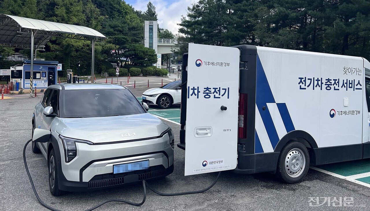 전기차가 이동식 전기차 충전서비스를 통해 충전을 하고 있다. [사진=에바]
